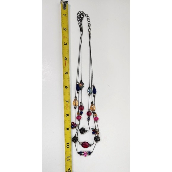 Triple Strand Bling Bead Necklace Black Chain Assorted Glass Bead Stations 20 in - Picture 7 of 7